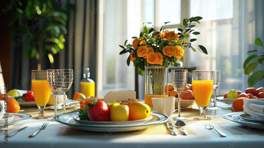 Fototapete elegant table setting with plates of healthy food and beverages, rendered in computer graphics with 