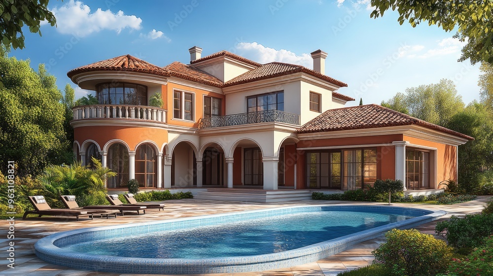 Poster high-quality digital rendering of a beautiful house with a swimming pool in front, set against a rea