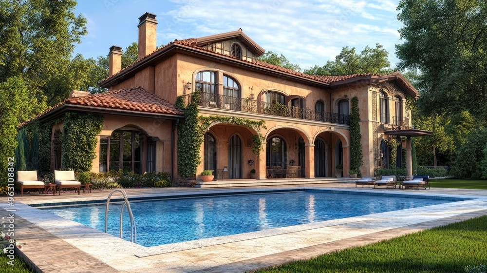 Poster high-quality digital rendering of a beautiful house with a swimming pool in front, set against a rea