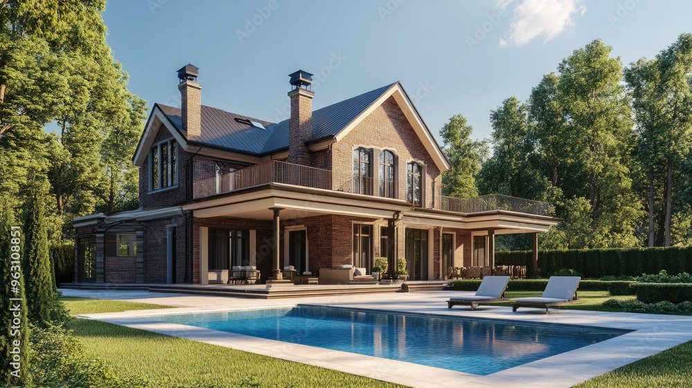 Poster high-quality digital rendering of a beautiful house with a swimming pool in front, set against a rea