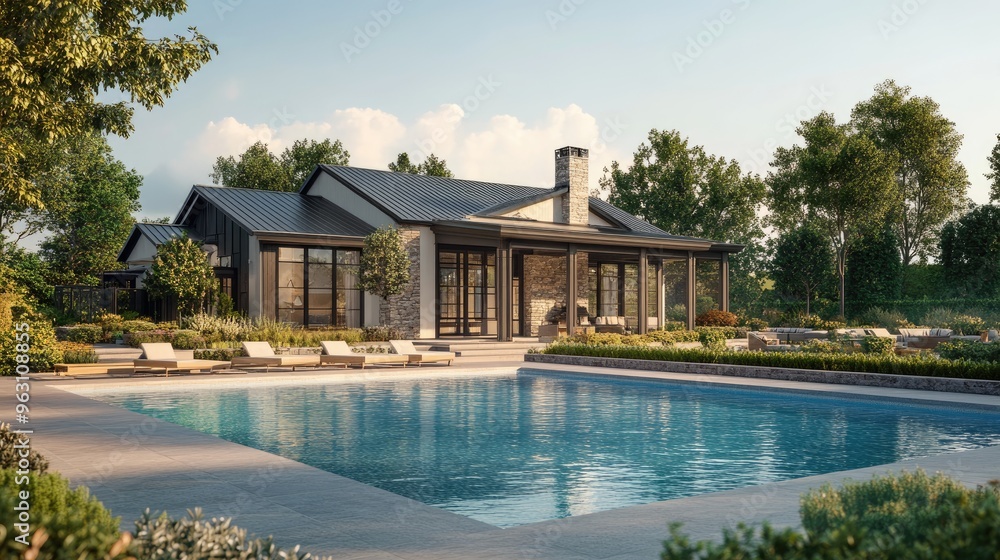 Poster high-quality digital rendering of a beautiful house with a swimming pool in front, set against a rea