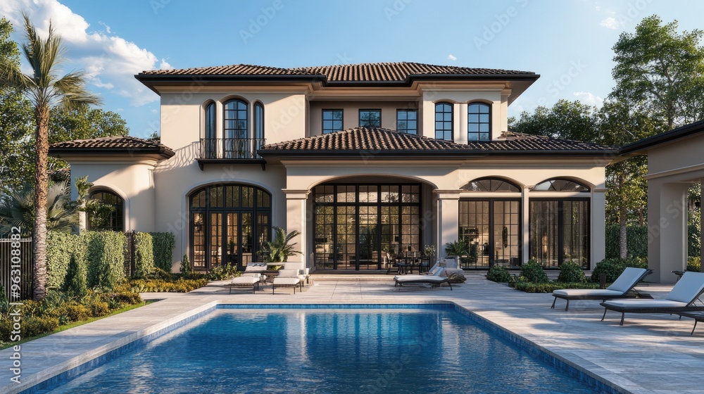 Poster high-quality digital rendering of a beautiful house with a swimming pool in front, set against a rea