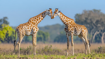 Obraz premium Two giraffes necking in a dominance display, their long necks intertwining in battle, [Savannah Wildlife], [Graceful Conflict].
