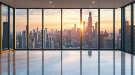 Fototapeta premium Empty Room with Expansive Window View of Cityscape at Sunset