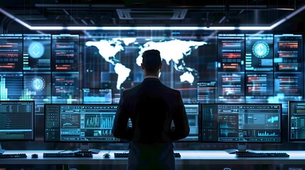 Security Analyst Utilizing Software to Detect Fraudulent Activities in High Tech Office Setting