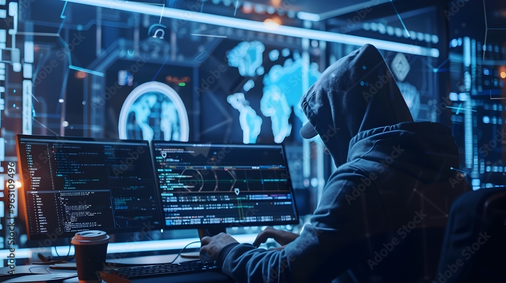 Poster hooded hacker silhouette infiltrating digital network on computer screen