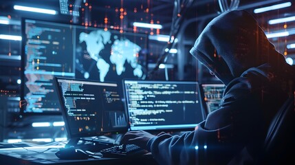 Hacker Coding on Computer Screens with Cybersecurity Data and Digital Crime Concepts