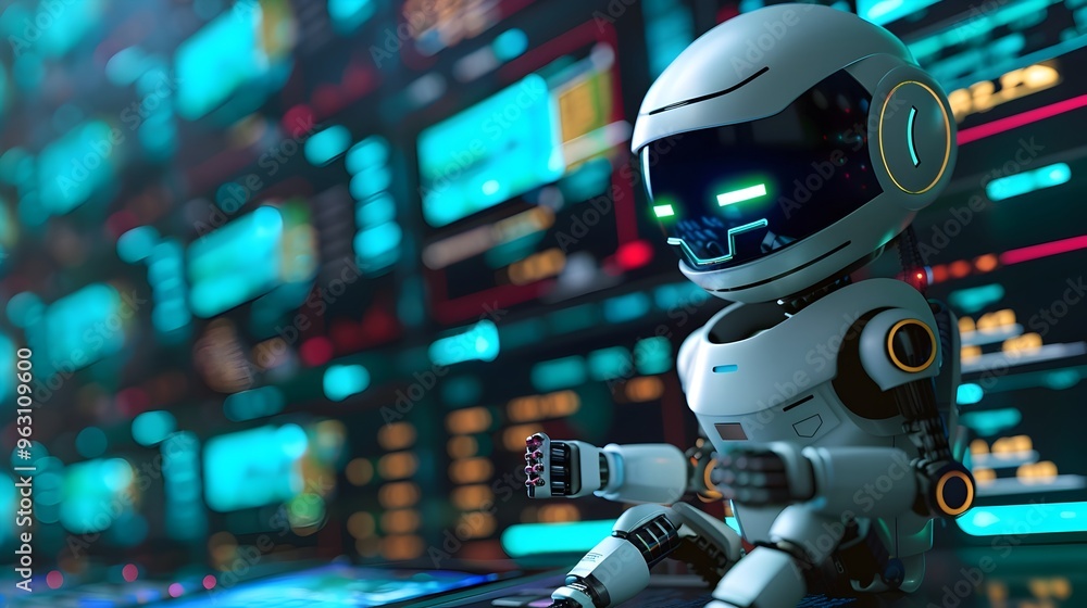 Poster futuristic robot monitoring financial transactions for suspicious activities in fraud detection conc