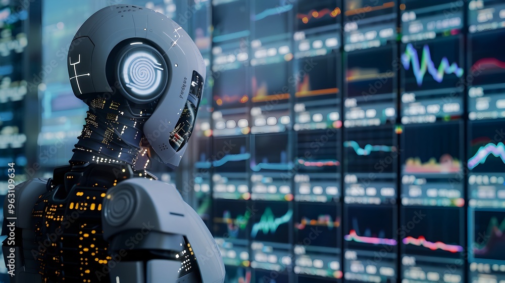 Poster futuristic robot monitoring financial transactions and flagging suspicious activities for fraud dete