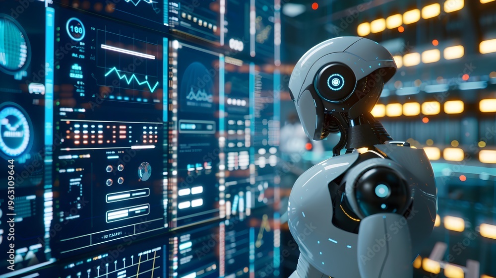 Poster futuristic robot monitoring financial transactions flagging suspicious activities in fraud detection