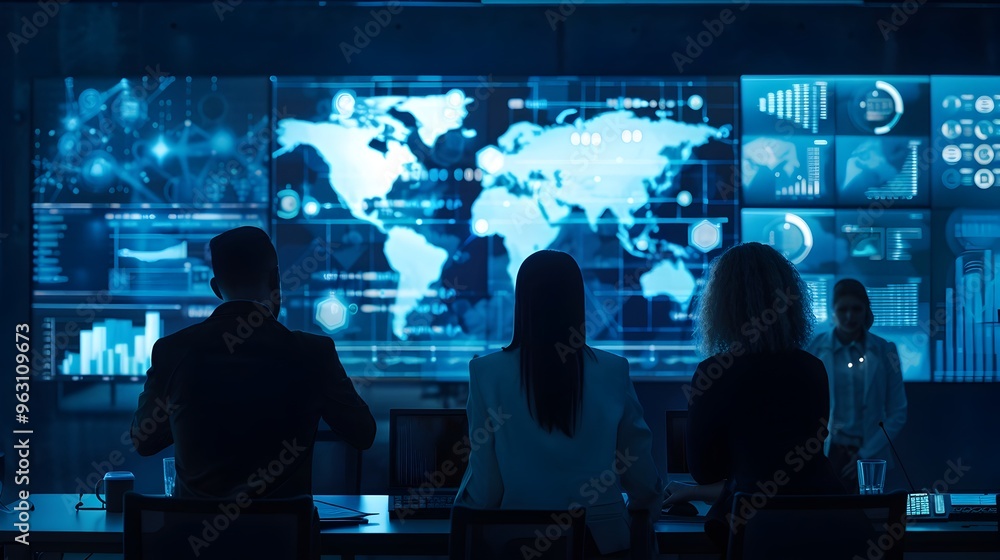 Poster digital analytics teamwork and global business strategy on large dashboard screens