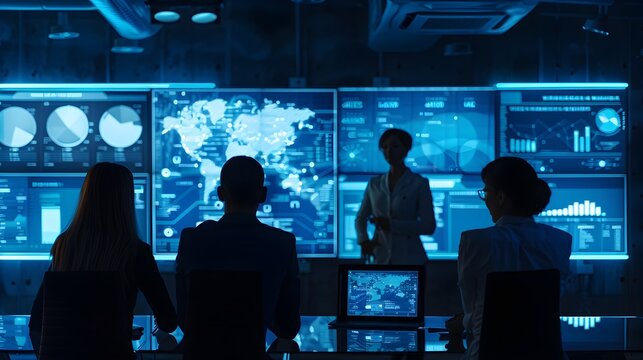 Futuristic Digital Command Center with Global Data Visualization and Real Time Analytics