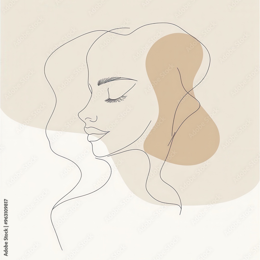 Poster a graceful outline of a woman's face features flowing lines and muted colors, creating a calm and so
