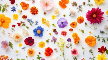 Fototapeta premium Kaleidoscope of vibrant floral shapes and colors swirling on a white backdrop, symbolizing the diverse beauty of flowers in nature