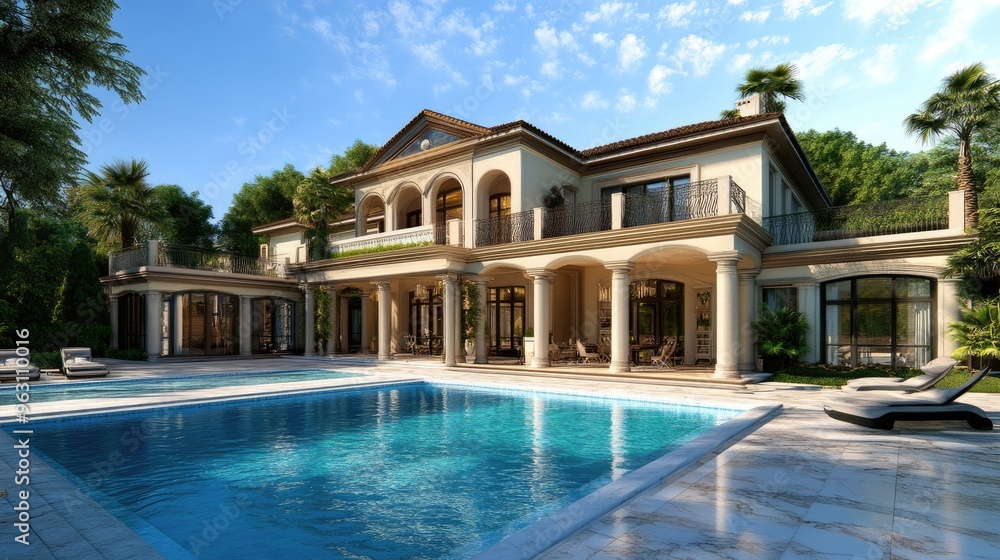 Fototapete Luxurious digitally rendered house with a front swimming pool, featuring realistic background and advanced computer graphics