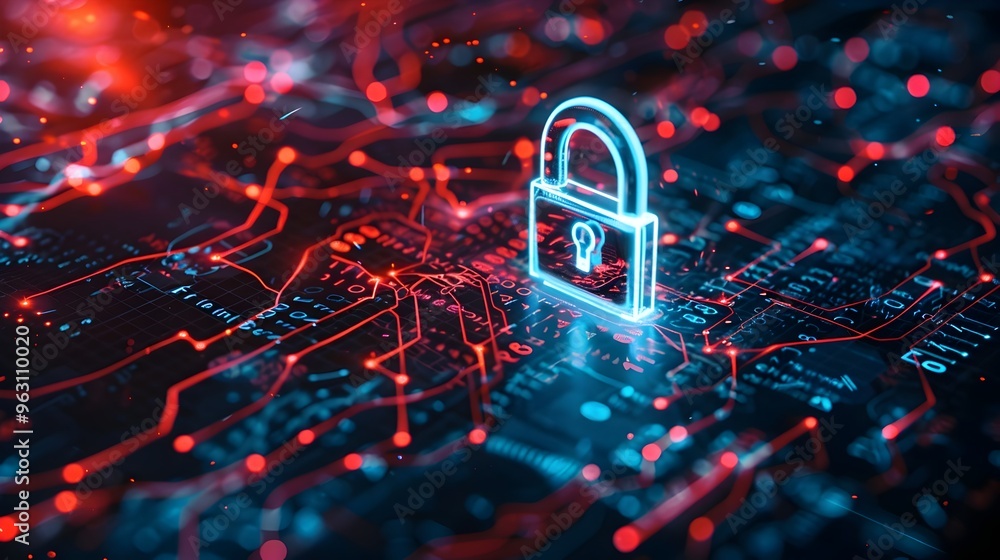 Poster futuristic cybersecurity concept with glowing digital lock on abstract technological background