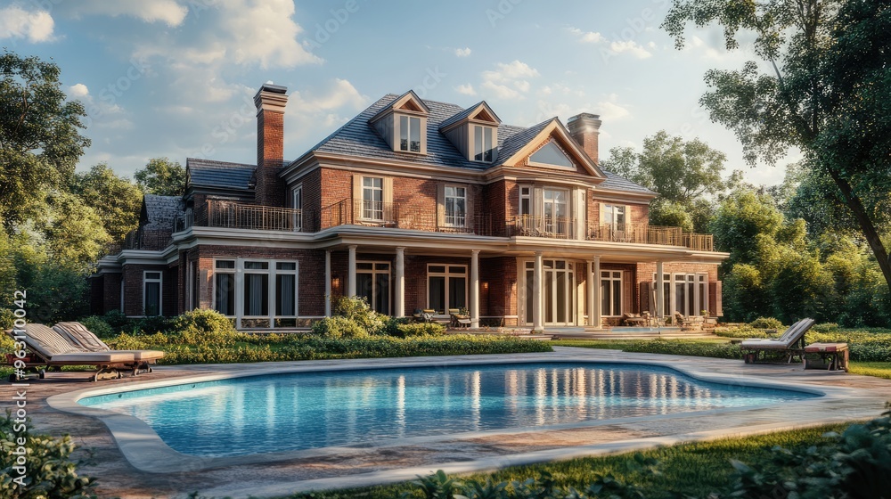 Poster luxurious house with a swimming pool before it, created in a digital rendering with realistic comput
