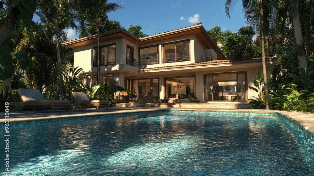 Poster luxurious digitally rendered house with a front swimming pool, featuring realistic background and ad