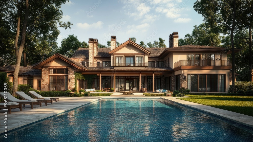 Poster luxurious house with a swimming pool before it, created in a digital rendering with realistic comput