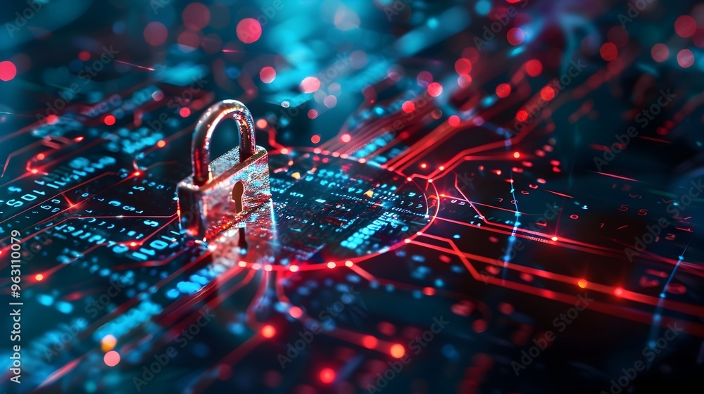 Poster secure digital landscape with encrypted lock and glowing connections