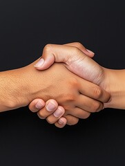 A close-up of two hands shaking, symbolizing agreement, partnership, and cooperation against a dark background.