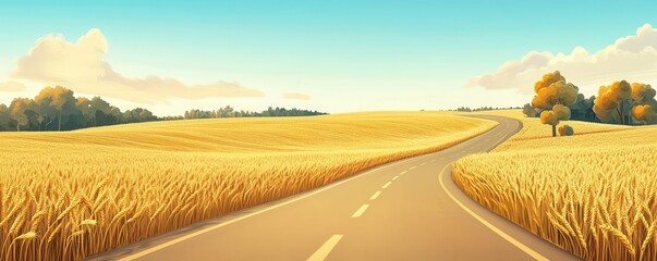 Fototapeta premium Endless country road, wheat fields, flat design, golden tones, animated crops
