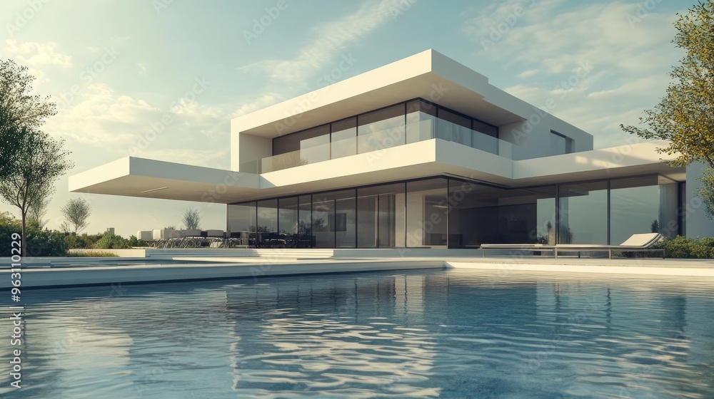 Poster luxurious modern house with a swimming pool before it, digitally rendered in high detail with realis