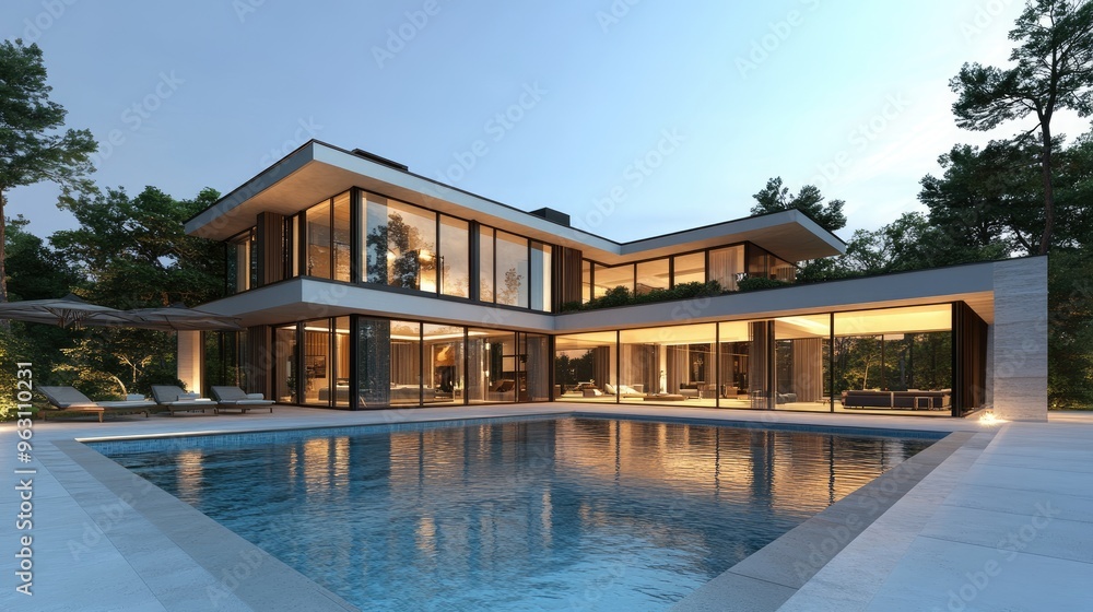 Poster luxurious modern house with a swimming pool before it, digitally rendered in high detail with realis