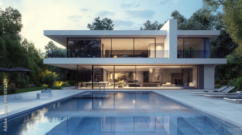 Poster luxurious modern house with a swimming pool before it, digitally rendered in high detail with realis