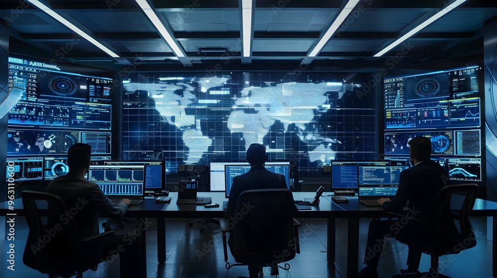 Poster high tech command center monitors real time fraud detection and prevention