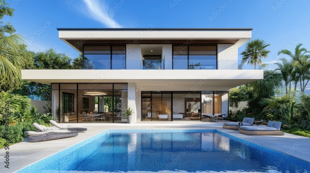Poster modern house with a front-facing swimming pool, rendered digitally with high-quality computer graphi