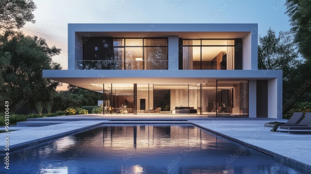 Poster modern house with a sleek swimming pool in front, rendered digitally with realistic computer graphic