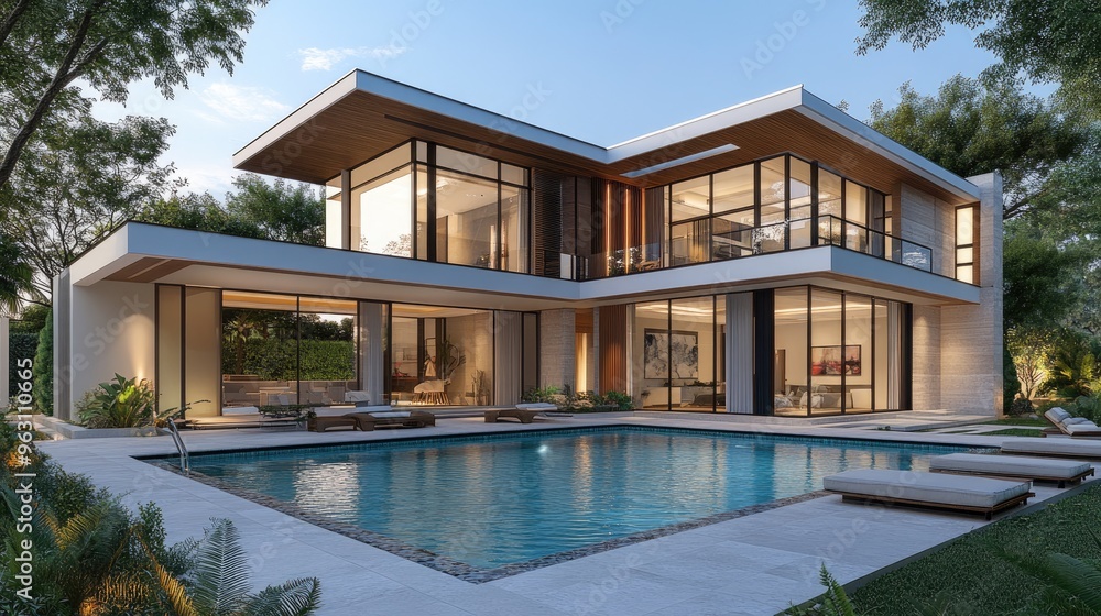 Poster modern house with a front-facing swimming pool, rendered digitally with high-quality computer graphi