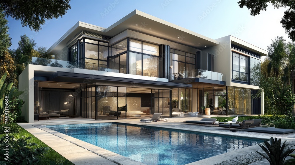 Poster modern house with a front-facing swimming pool, rendered digitally with high-quality computer graphi