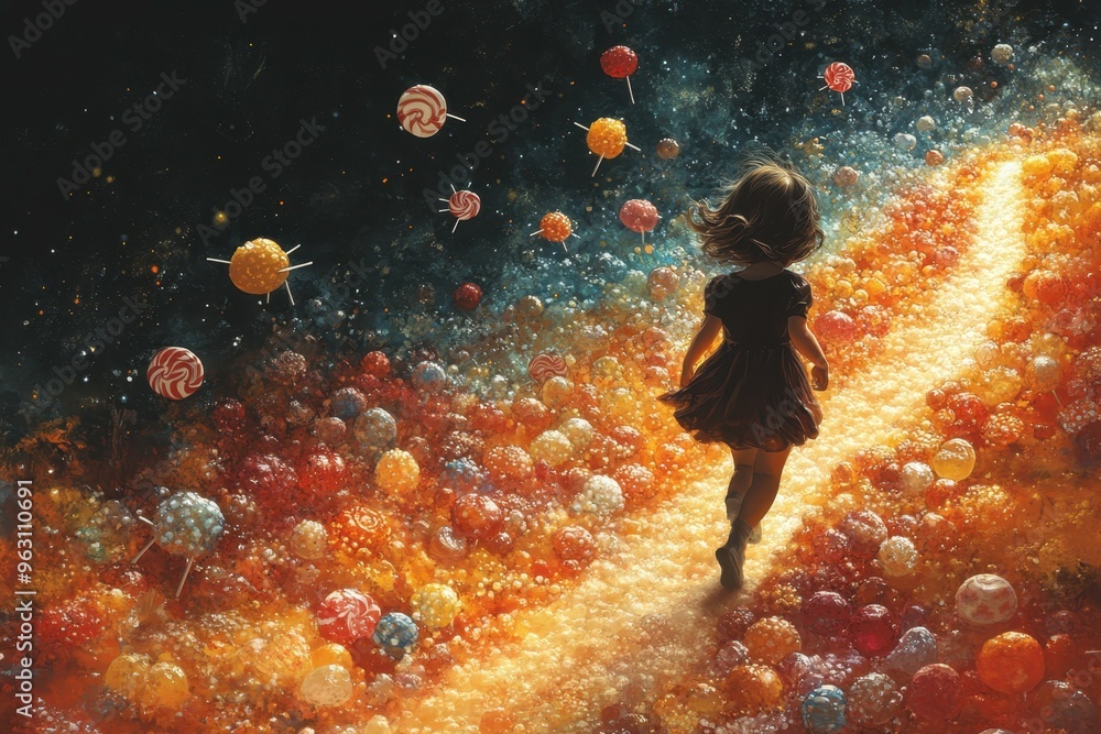 Aufkleber a child walking on a path made of candy with the path getting narrower symbolizing the narrowing of 