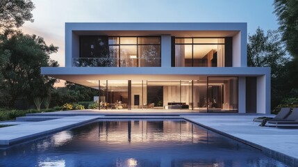 Modern house with a sleek swimming pool in front, rendered digitally with realistic computer graphics and backdrop