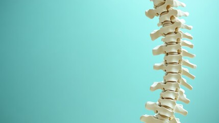 Anatomical model of human spine against teal