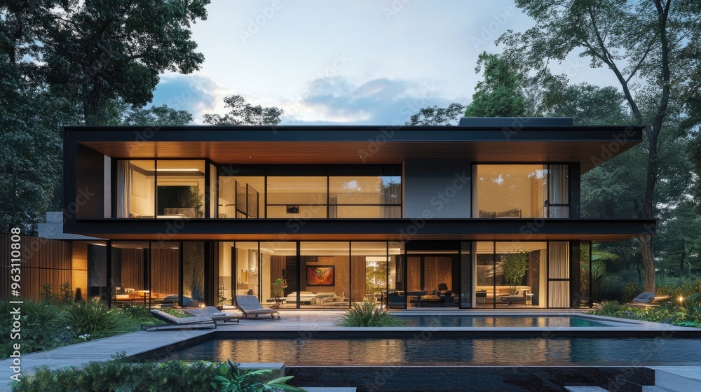 Poster modern house with sleek design and a swimming pool in front, rendered digitally with realistic compu