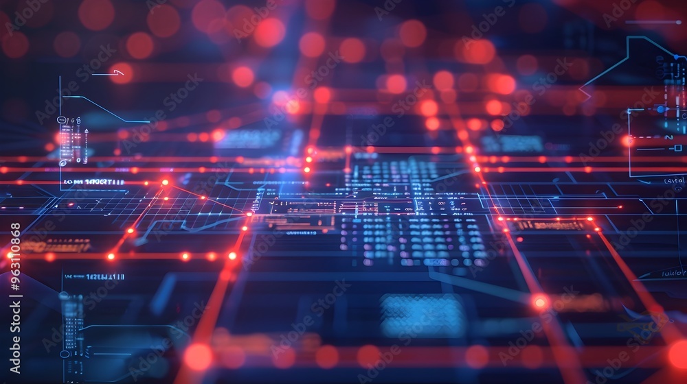 Poster futuristic digital circuit technology background with glowing lights and data visualization