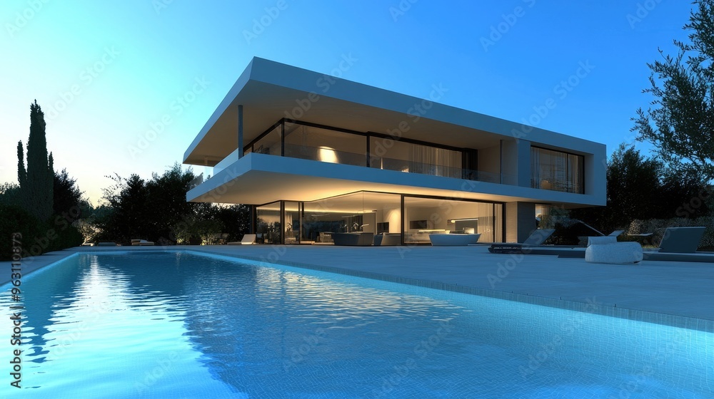 Poster modern house with sleek design and a swimming pool in front, rendered digitally with realistic compu