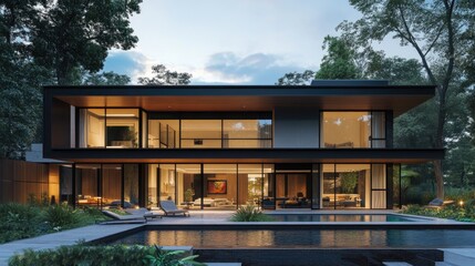 Fototapeta premium Modern house with sleek design and a swimming pool in front, rendered digitally with realistic computer graphics and background