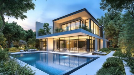 Fototapeta premium Modern house with sleek design and a swimming pool in front, rendered digitally with realistic computer graphics and background
