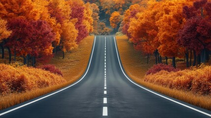 Naklejka premium Endless road, stretching through vibrant autumn forest, colorful foliage, 3D illustration