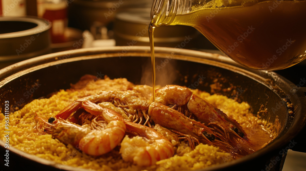 Poster shrimp paella with oil.