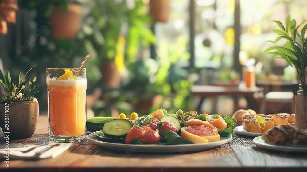 Poster plates of fresh, healthy food and drinks displayed on a table, created using computer graphics with 