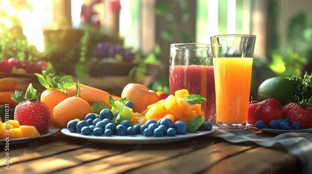 Poster plates of fresh, healthy food and drinks displayed on a table, created using computer graphics with 