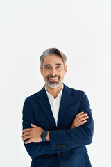 Vertical portrait of happy mid adult business man company owner entrepreneur, smiling mature...