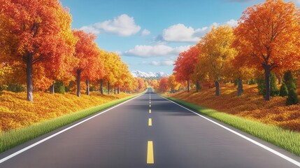 Obraz premium Endless road, vibrant autumn foliage, scenic drive, 3D illustration