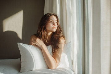 Naklejka premium Young woman is waking up in bed and looking thoughtfully through the window on a bright sunny morning