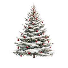 A beautifully decorated Christmas tree covered in snow and adorned with vibrant red ornaments, perfect for holiday celebrations.
